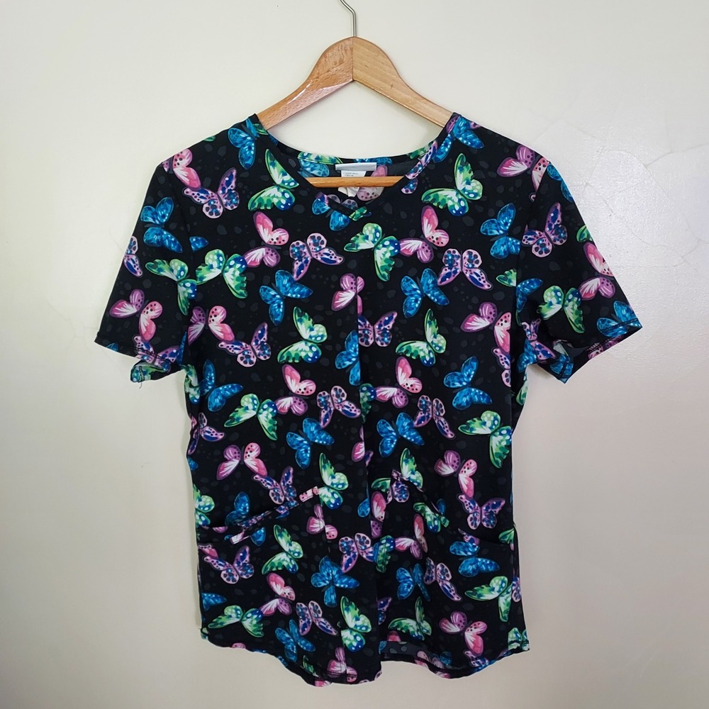 Scrubstar Butterfly Print V-Neck Scrub Top Black Multicolor M Pockets